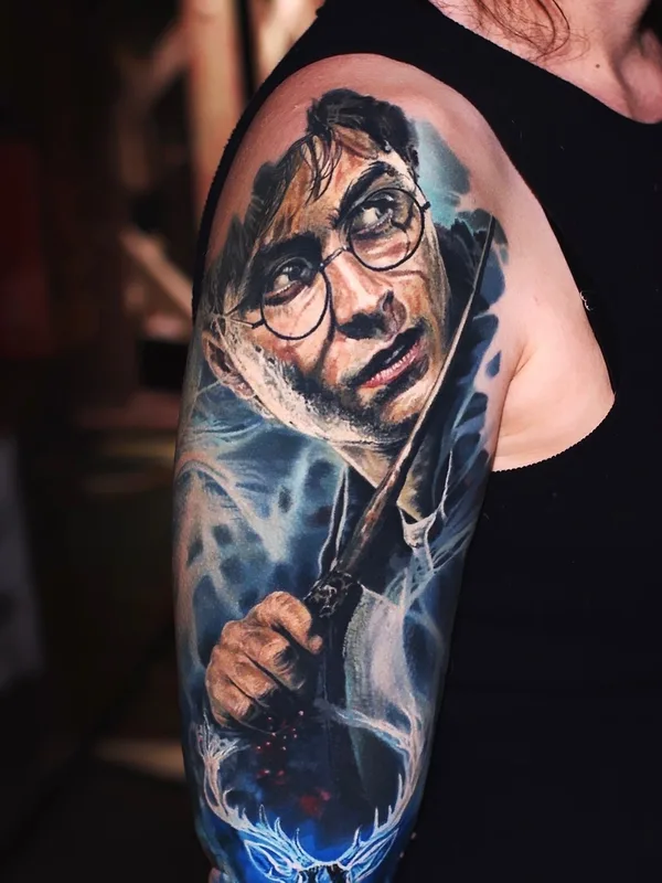 Hyper-realism color portrait tattoo — Harry Potter sleeve