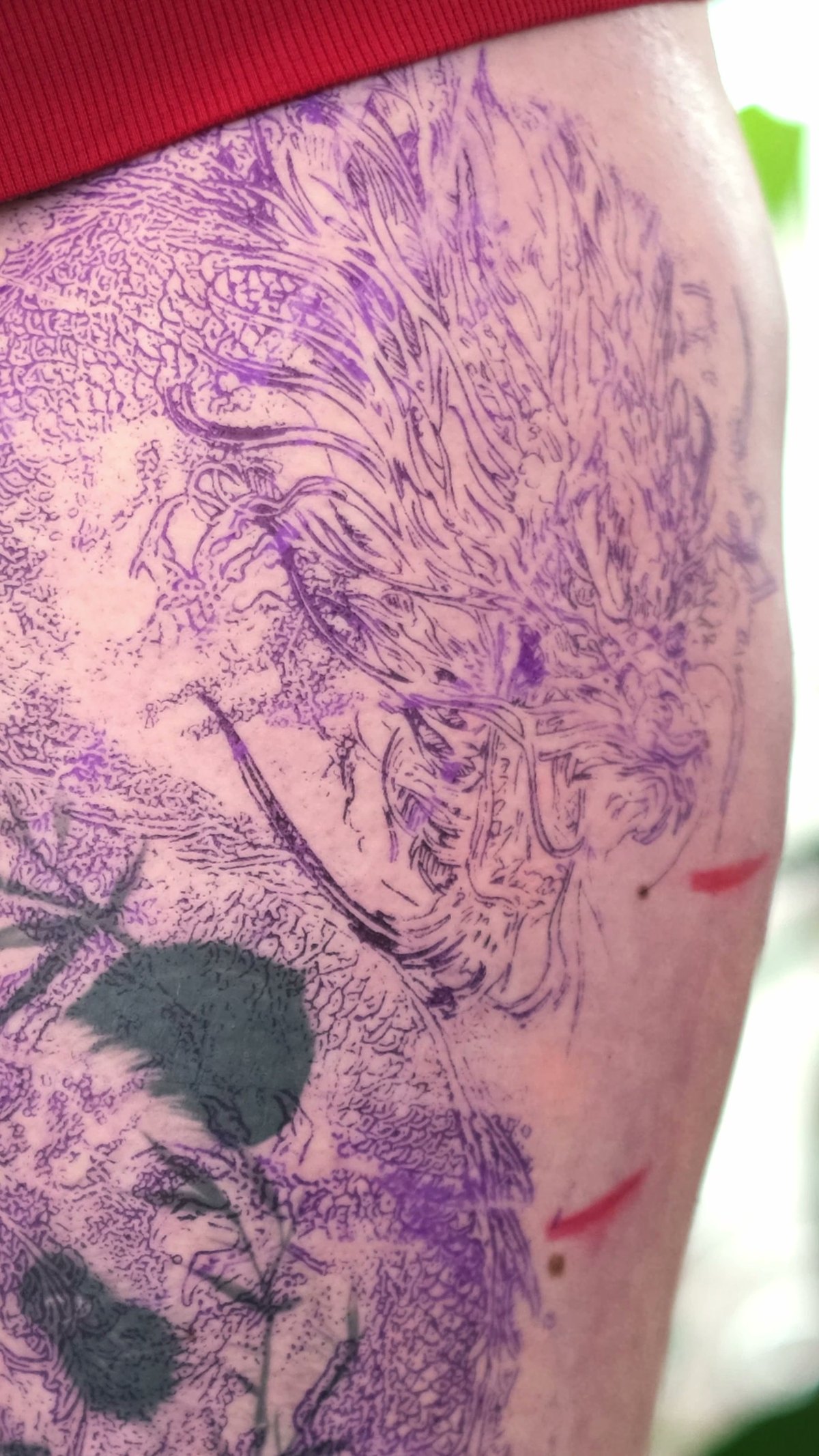 Altes Tattoo wird gecovert — die Drachenzeichnung liegt über der schwarzen Füllung