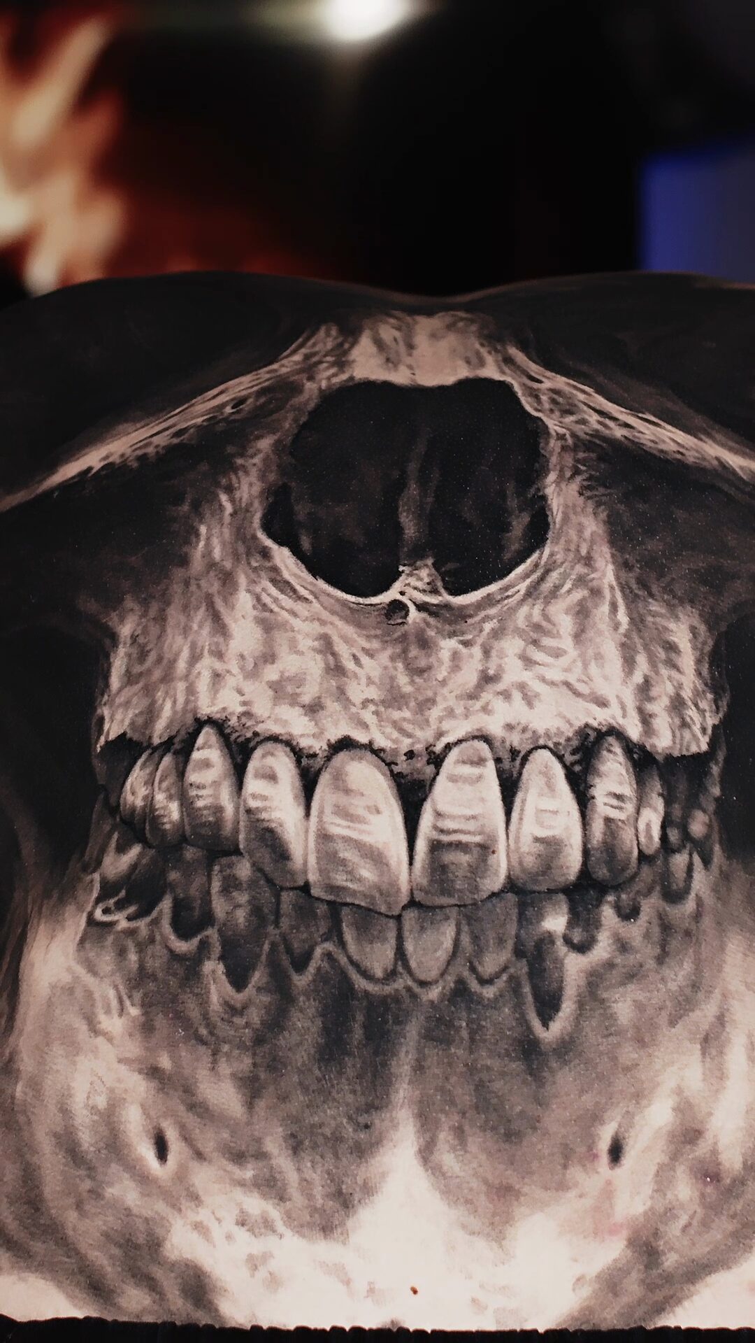 Black and grey realism skull by Alex666cold — a full-back skull in greywash, clean skin, no cover-up