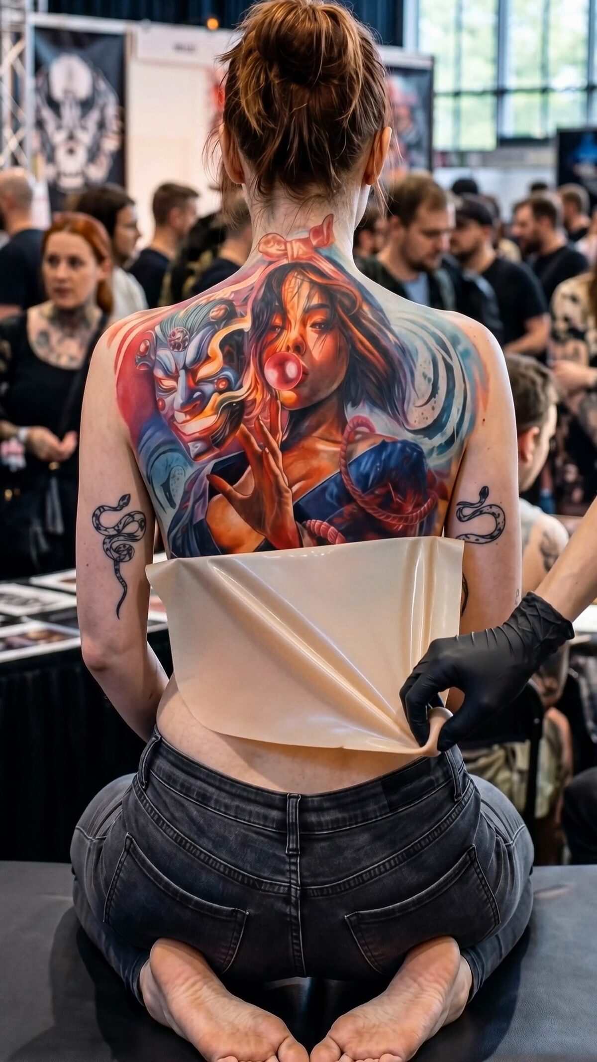 Folie auf Taillenhöhe – der Großteil des Tattoos ist sichtbar: Porträt der jungen Frau, helle Maske und rotes Seil, Color-Realism, Wrocław