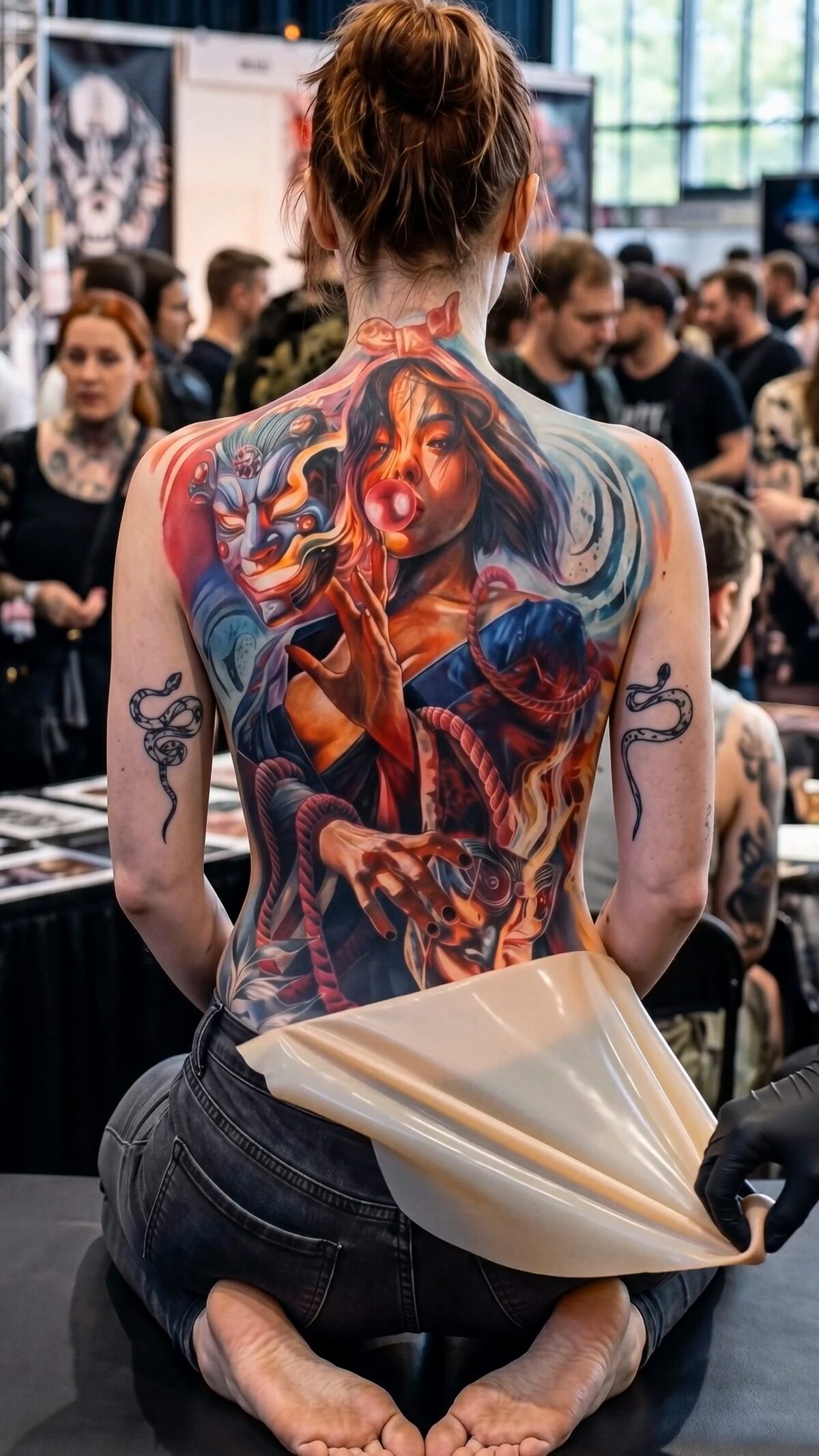 Ganzer Rücken freigelegt – das gesamte Tattoo mit Porträt und Masken ist sichtbar, die Folie wird tief gehalten, Wrocław