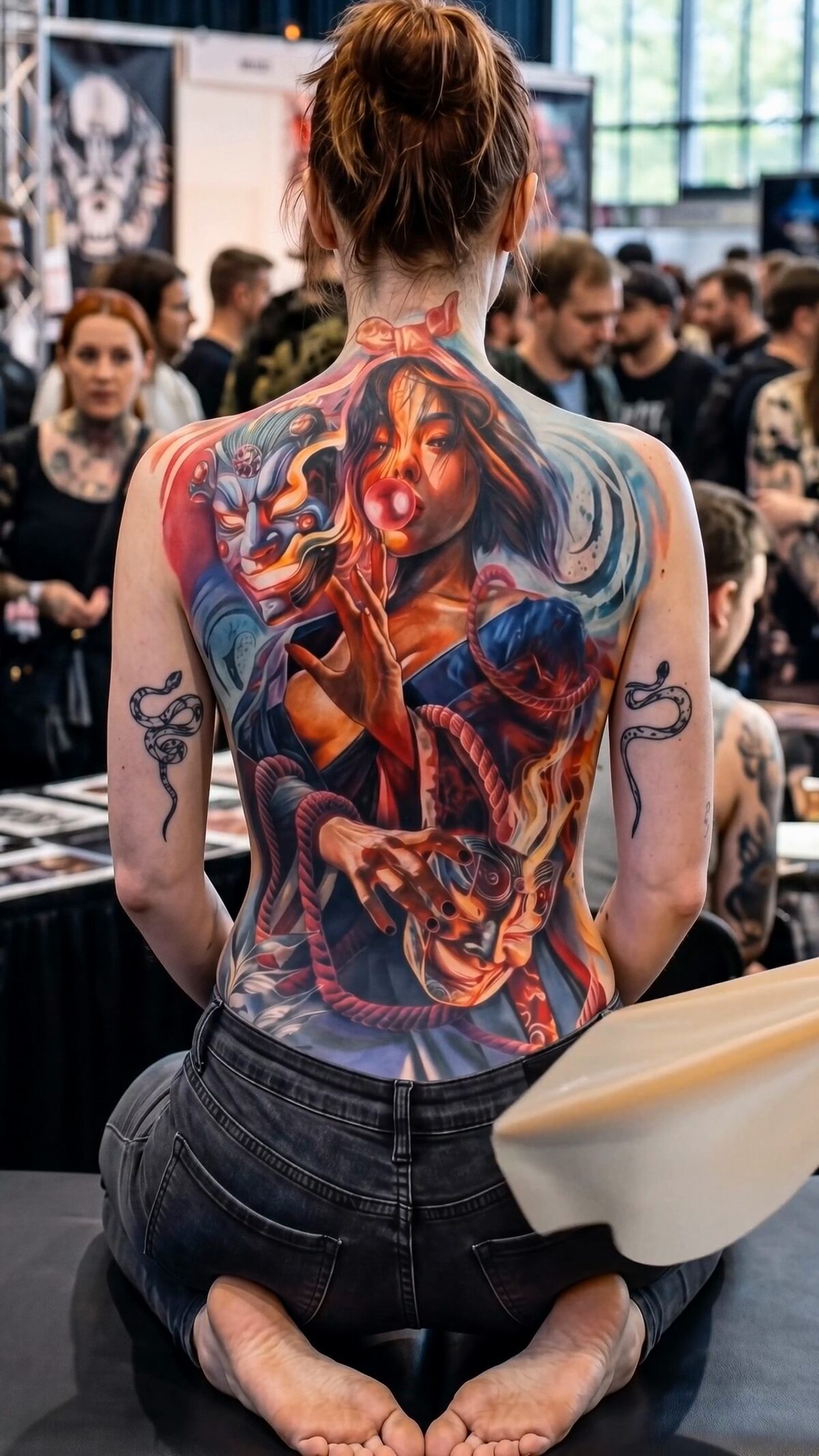 Ganzer Rücken mit großem farbigem Tattoo – die Hand des Tätowierers hält die Folie an der Taille, Wrocław