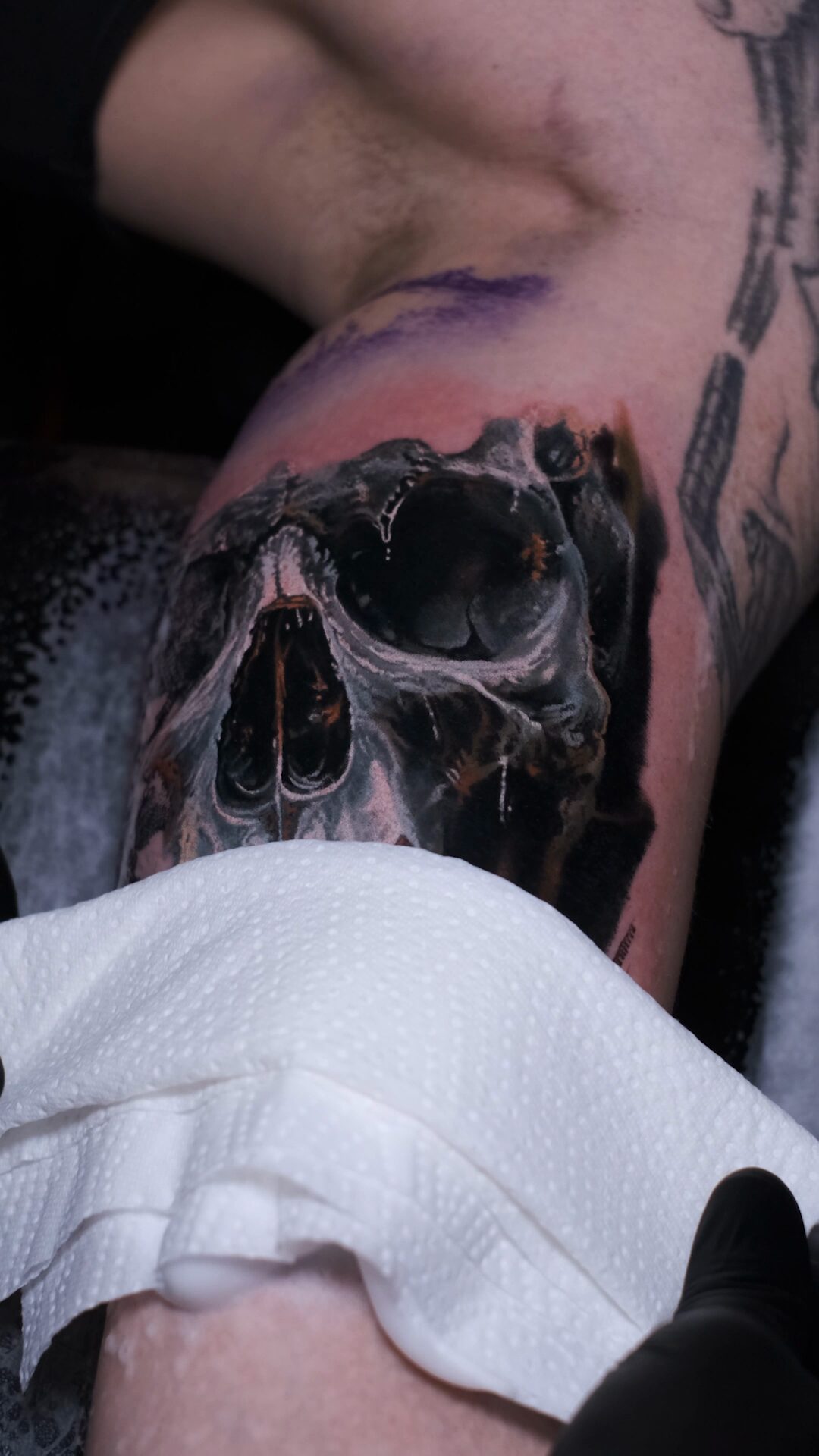 Nahaufnahme der anatomischen Schädelstruktur – grey color Realismus mit starkem Licht-Schatten-Kontrast, Tätowierer Alex666cold