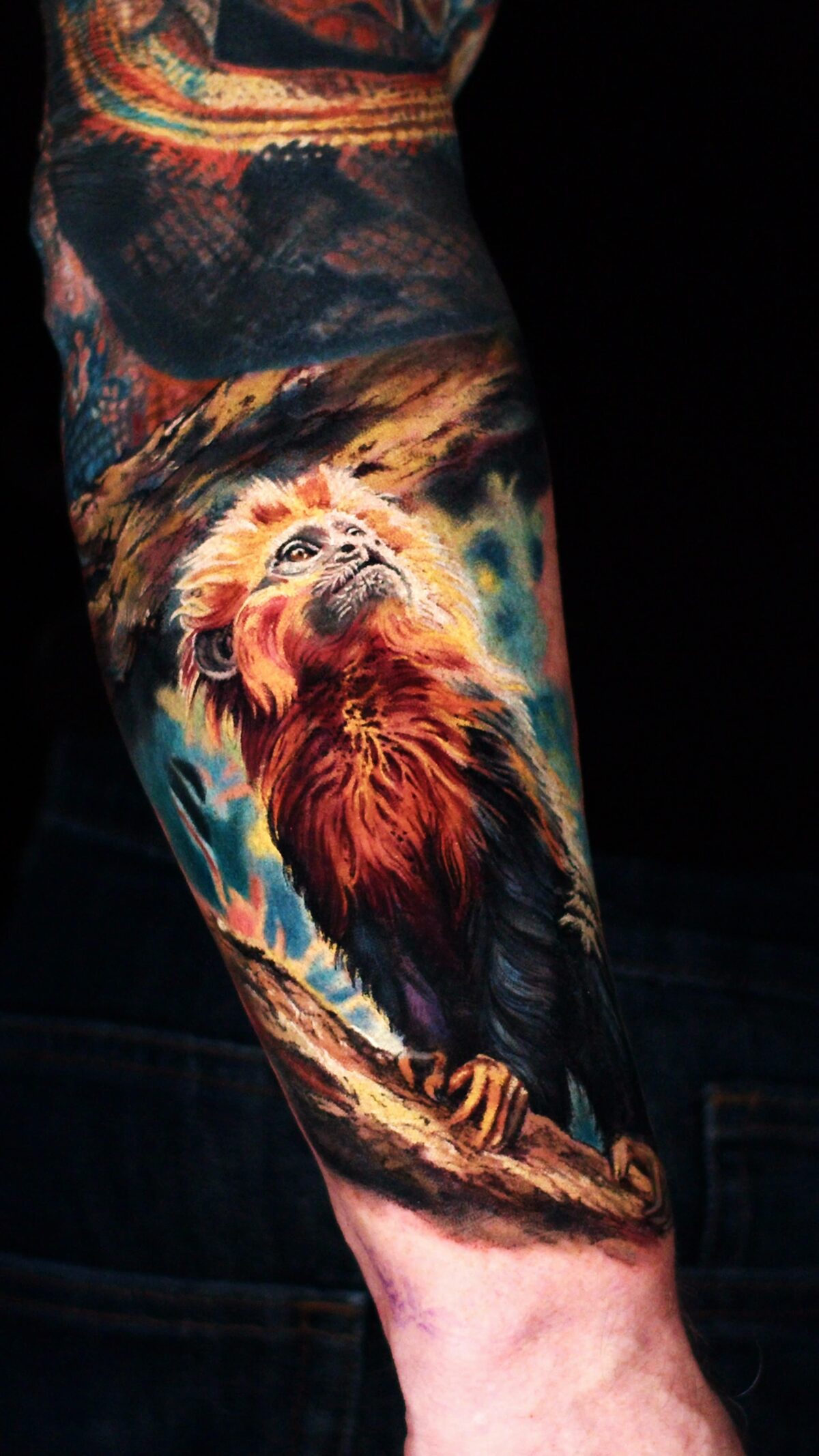 Nahaufnahme der goldenen Mähne des Löwenäffchens – realistisches Tattoo in Farbe, Breslau.