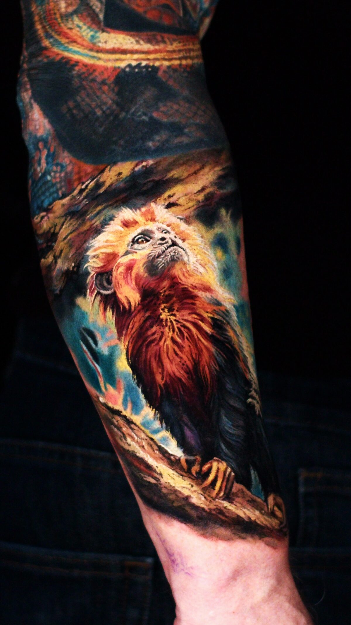 Detail vom Gesicht des Äffchens – Löwenäffchen-Tattoo auf dem Unterarm, Color-Realism.